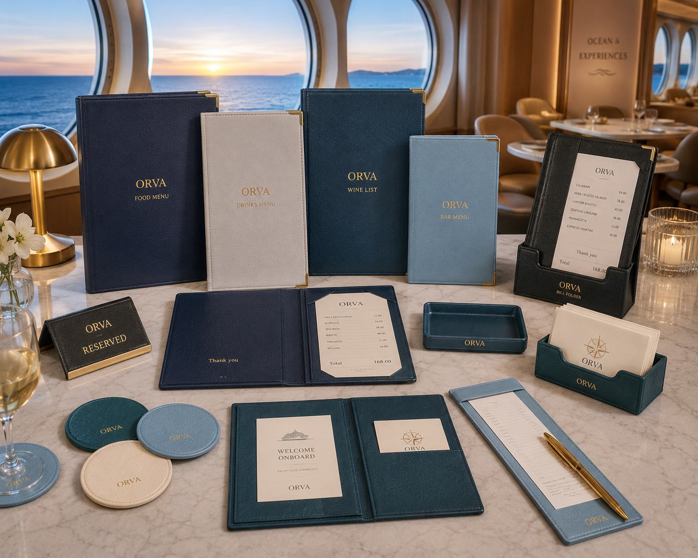ORVA cruise ship menus and dining collection — food menu, drinks menu, wine list, bar menu, bill folder, reserved signs, coasters, welcome folder and business card holder in navy, teal, grey and baby blue