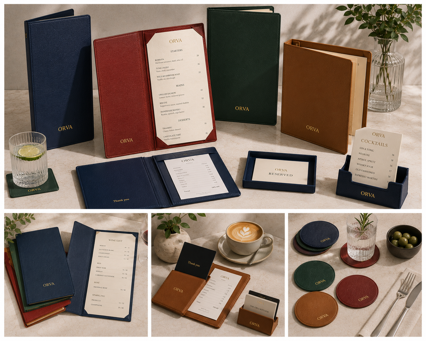 ORVA plant-based leather restaurant and bar collection — food menus, wine lists, bill folders, reserved signs, coasters and cocktail menus. OEM B2B supply to hotels and restaurants