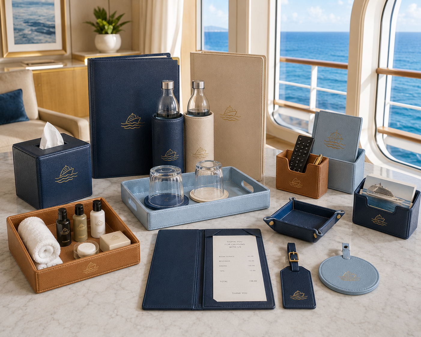 ORVA cruise ship collection — tissue box, water bottle holders, guest directory, bill folder, amenity tray, valet tray, luggage tags, remote holder and business card holder in navy, tan and baby blue